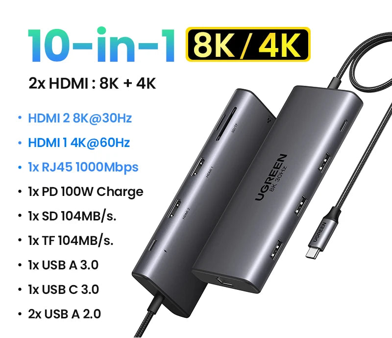 Dual HDMI USB-C Hub 10-in-1 Dock with 8K HDMI Gigabit Ethernet 100W PD USB Card Reader