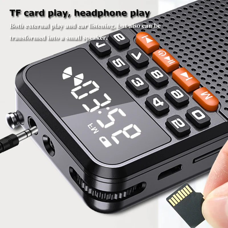 Mini Portable FM Radio and Speaker with LED Torch, Dual Antenna, TF Card, Rechargeable Battery