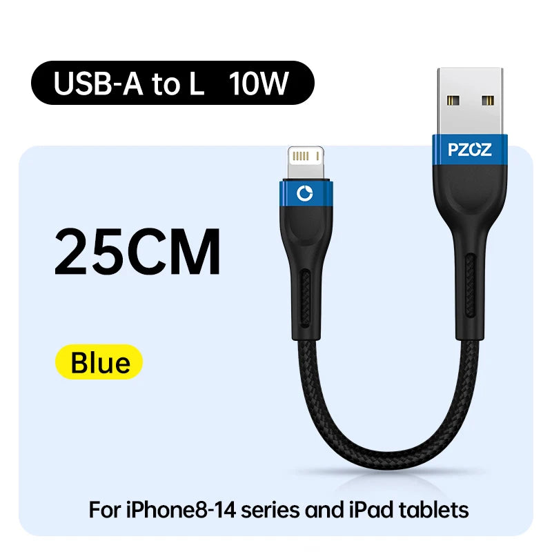 Short USB Charging Cable 25cm 50cm 1m Fast Charge Nylon Data Cord Compatible with iPhone Devices