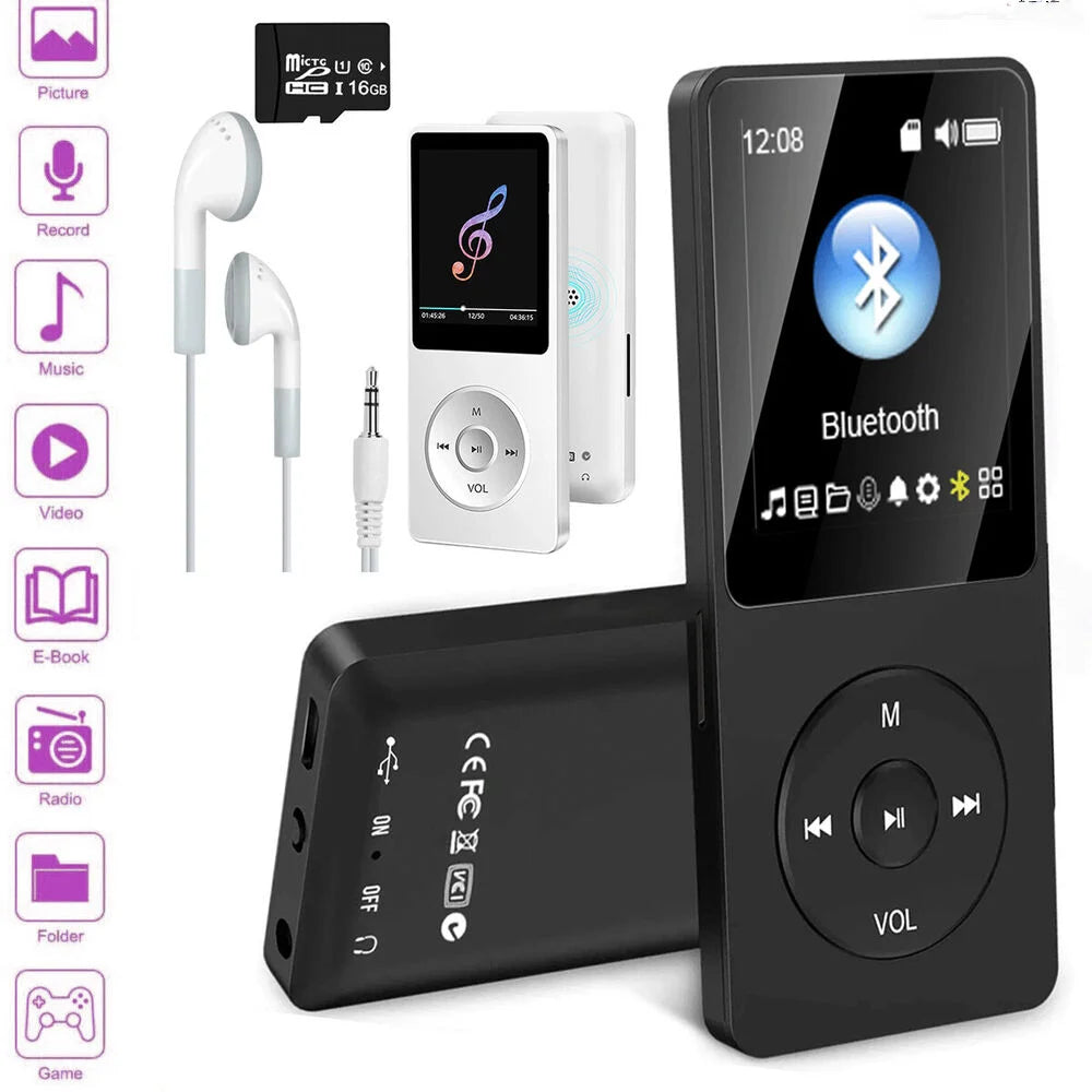 Portable Bluetooth MP3 MP4 Player with FM Radio Recorder HIFI Audio USB Charging and 16GB Storage
