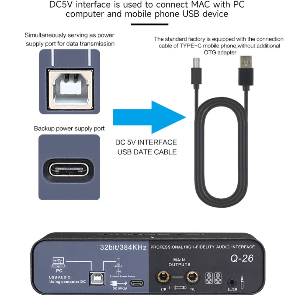 2 channel portable USB audio interface mixer for guitar recording and studio sound production