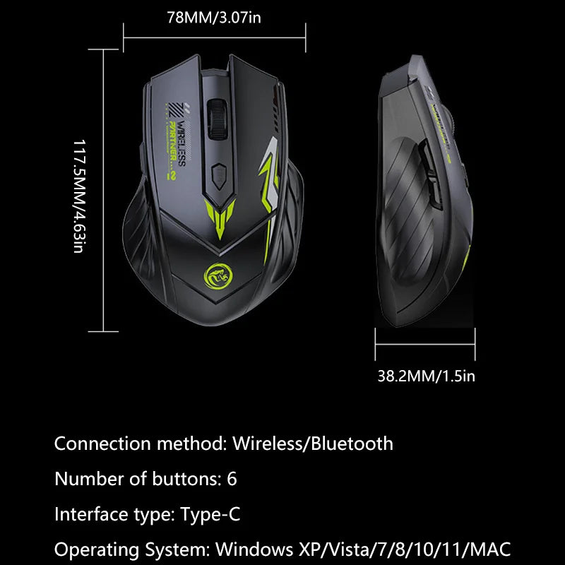 Dual Mode Wireless Mouse with Bluetooth & 2.4G, Adjustable DPI, Type-C Rechargeable Silent Design