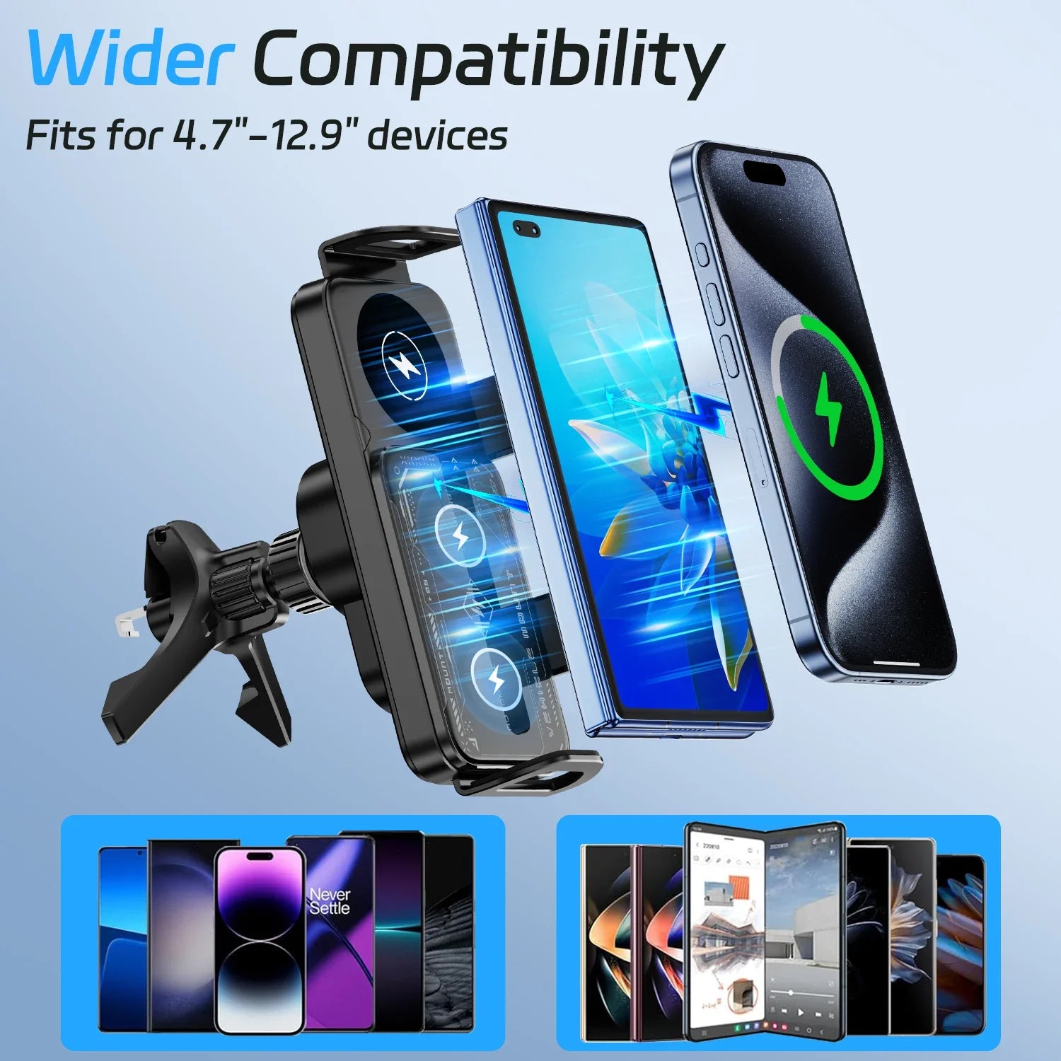Dual Coil Fast Wireless Car Charger Stand with Foldable Design for Smartphones