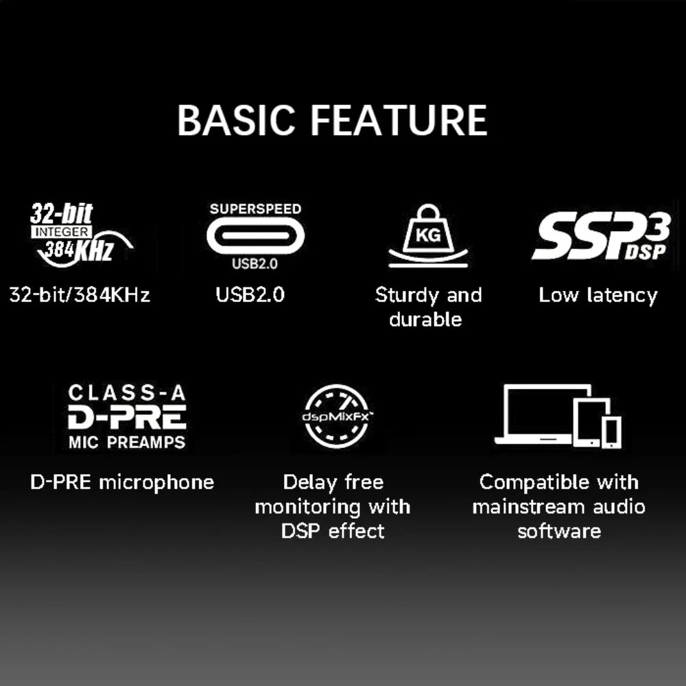 2 channel portable USB audio interface mixer for guitar recording and studio sound production