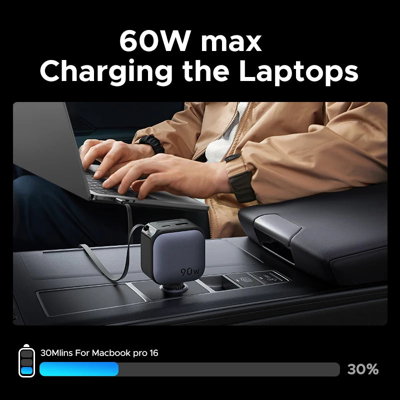 145/90/60W Car Charger with 3 USB-C and USB-A Ports PD QC4.0 Fast Charging Retractable Cable