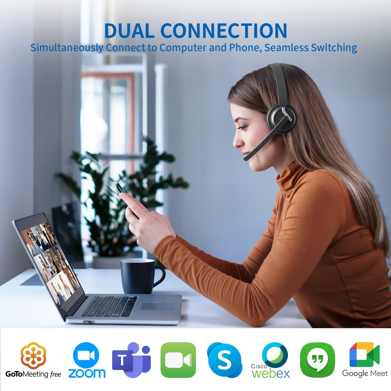 Wireless Bluetooth Headset with AI Noise Cancelling Microphone and Charging Base