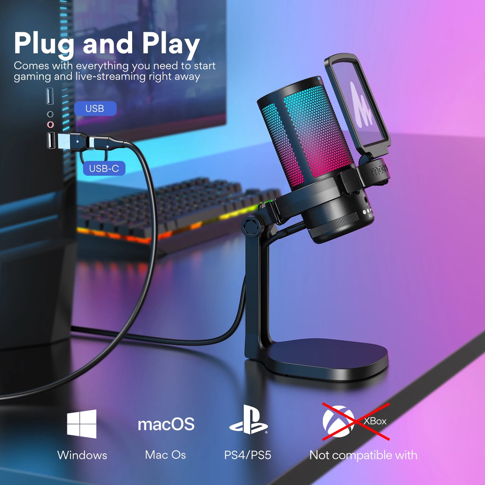 USB RGB Gaming Microphone Condenser Mic with Noise Reduction Gain Control One Key Mute