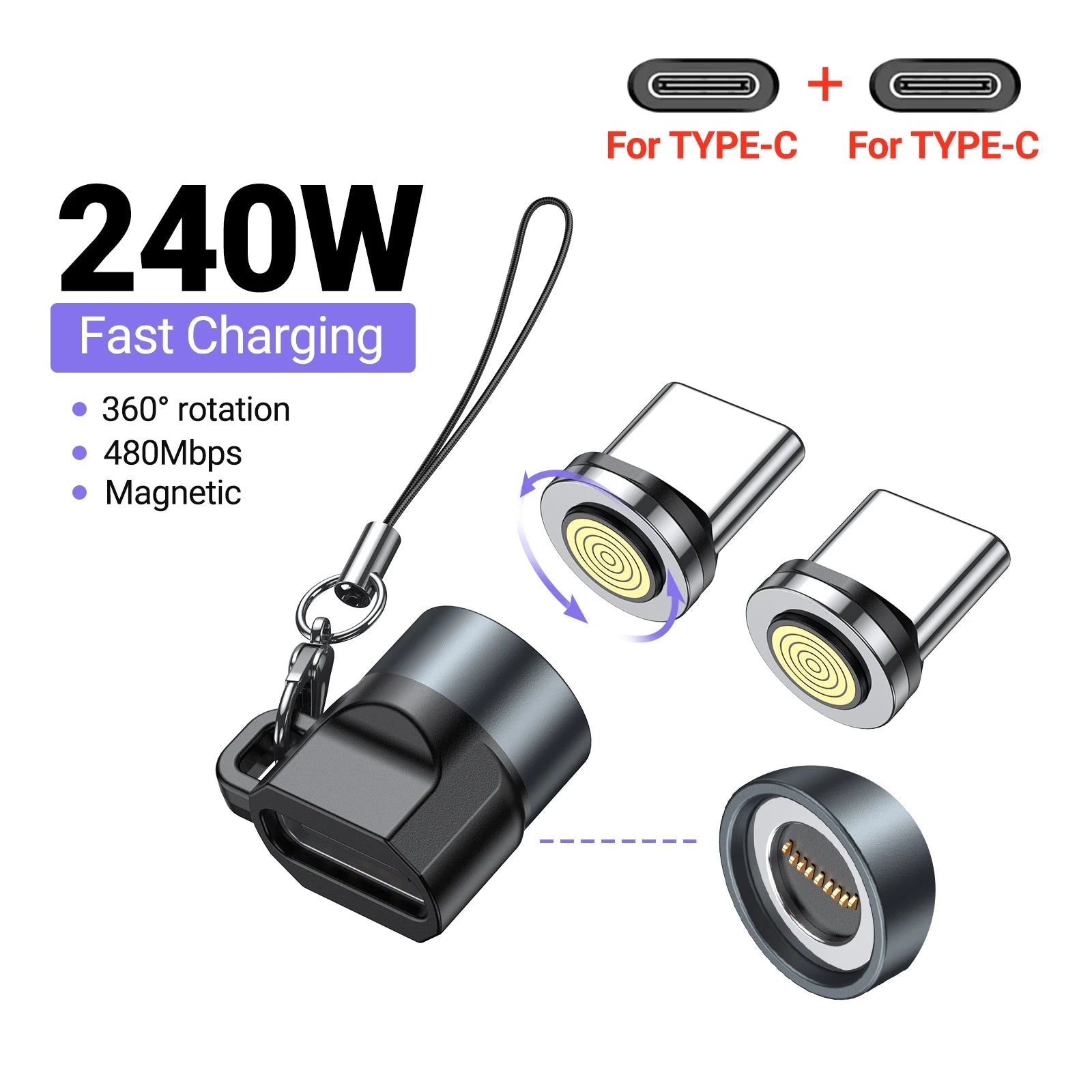 240W Mini Magnetic USB C Adapter Type C to Type C Fast Charging Data Converter Connector