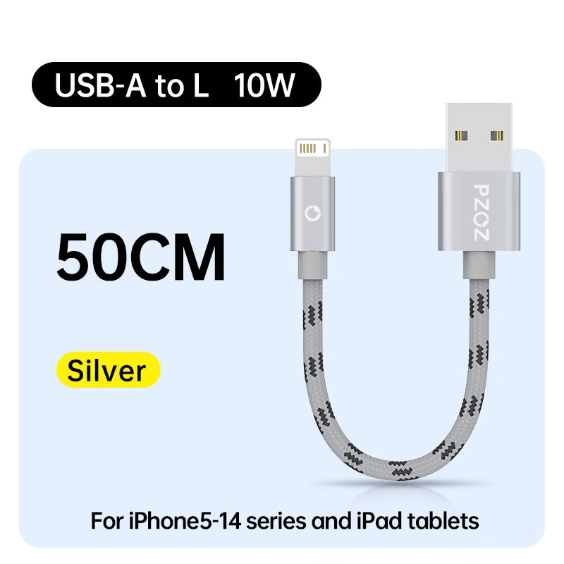 Short USB Charging Cable 25cm 50cm 1m Fast Charge Nylon Data Cord Compatible with iPhone Devices