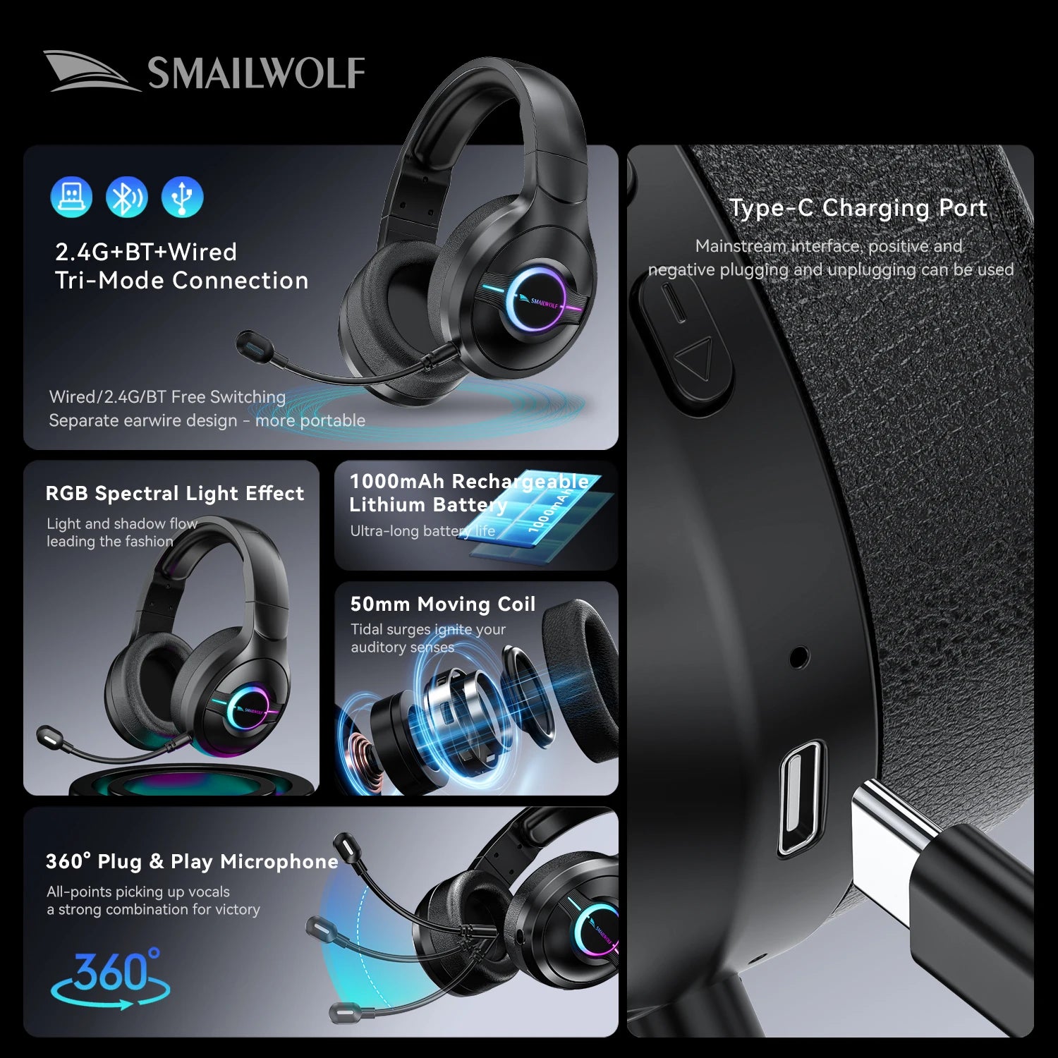Three Mode Wireless Headphones with RGB Lighting and Detachable Microphone for PC and Laptop