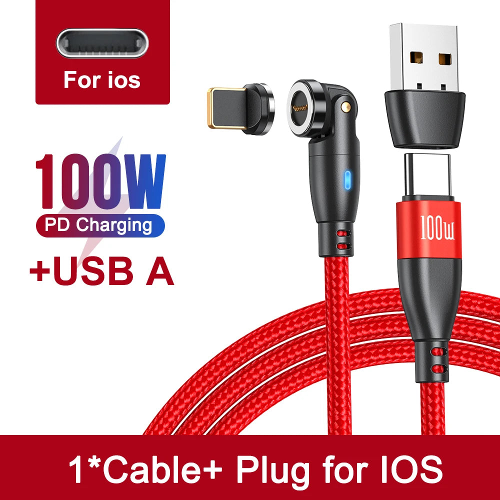 540 Degree Magnetic Fast Charging USB Type C Cable with 5A PD100W Power and 3 Tips