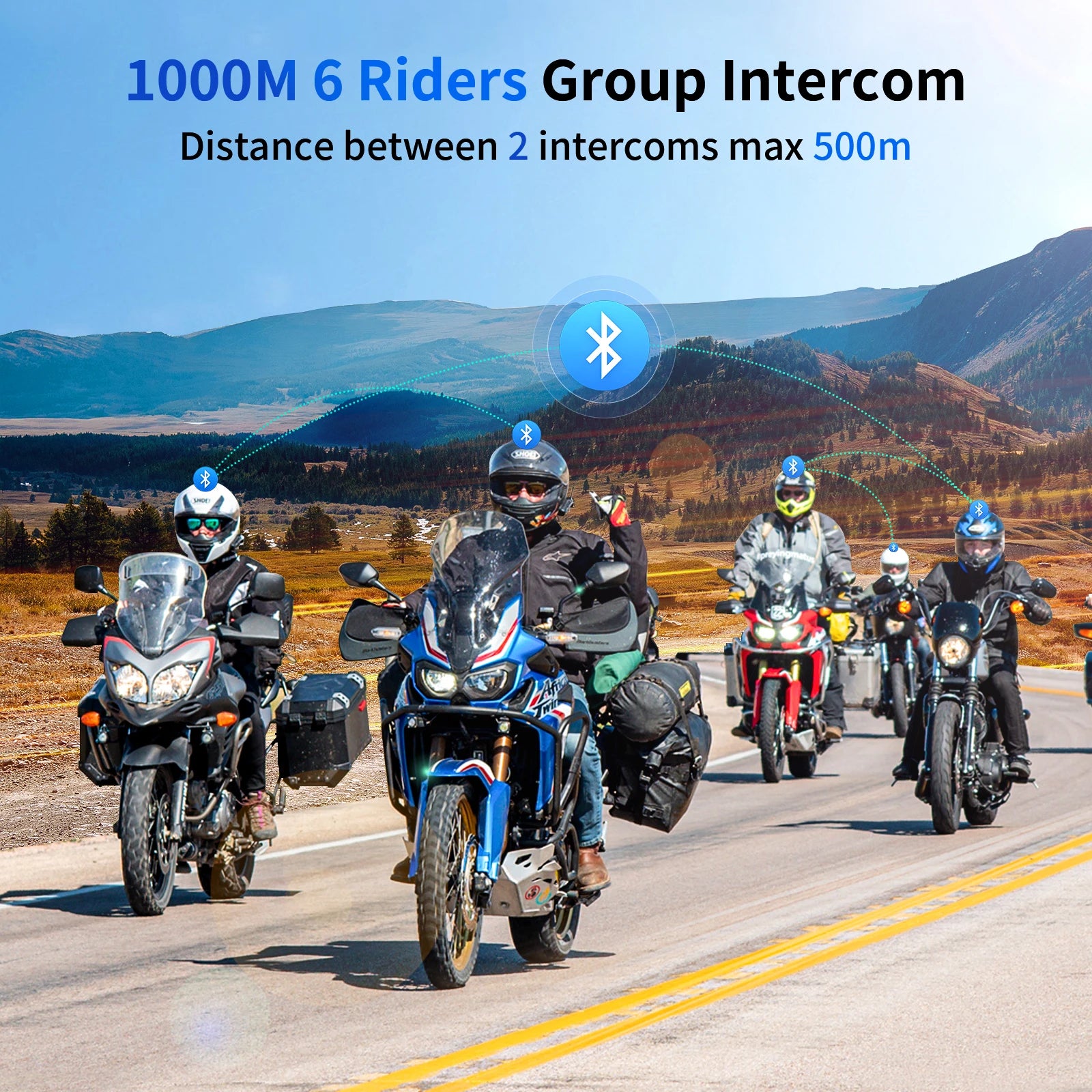 Bluetooth Motorcycle Helmet Intercom with FM Radio, 6-Rider Group Communication Waterproof Headset
