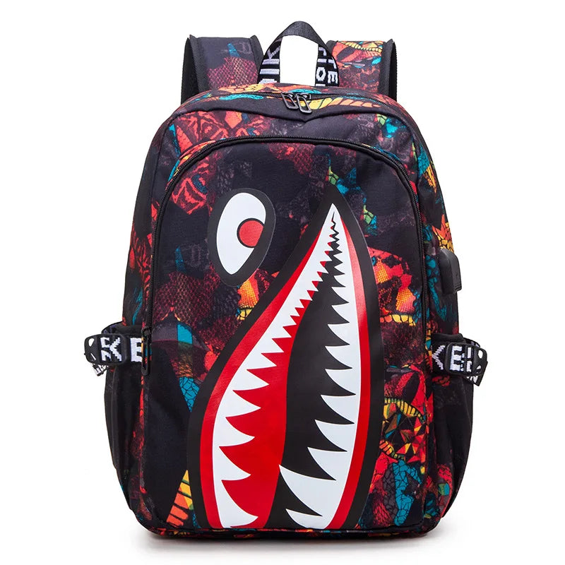 Children’s Shark Print Large Capacity Backpack for Kids Lightweight Durable Cartoon School Bag