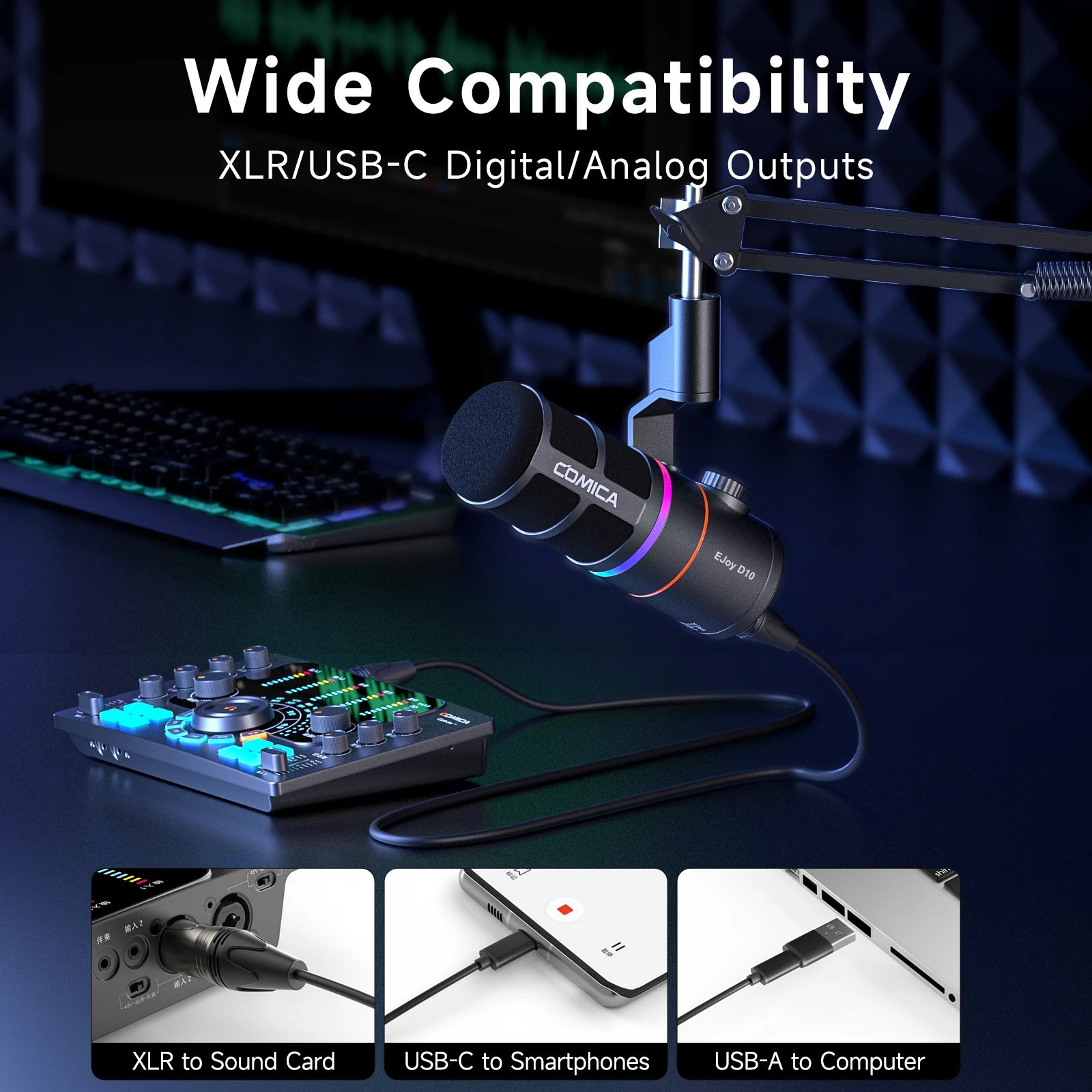 RGB Cardioid Dynamic USB and XLR Microphone Combo for Gaming Streaming Podcast and Interview Use