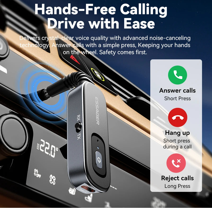 2-in-1 Bluetooth 5.1 Audio Receiver and Transmitter with 3.5mm AUX for TV Car and Earphones