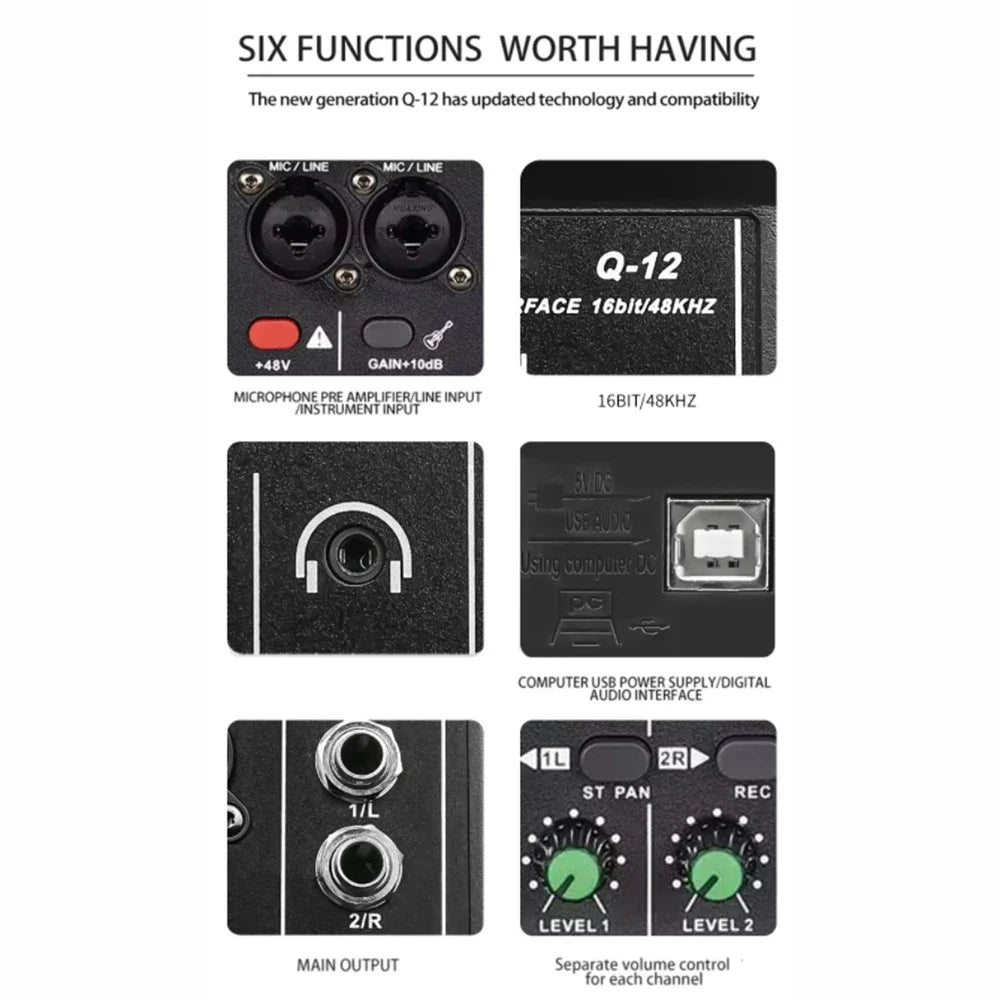 2 Channel Portable USB Audio Interface Mixer for Studio Recording and Live Performance