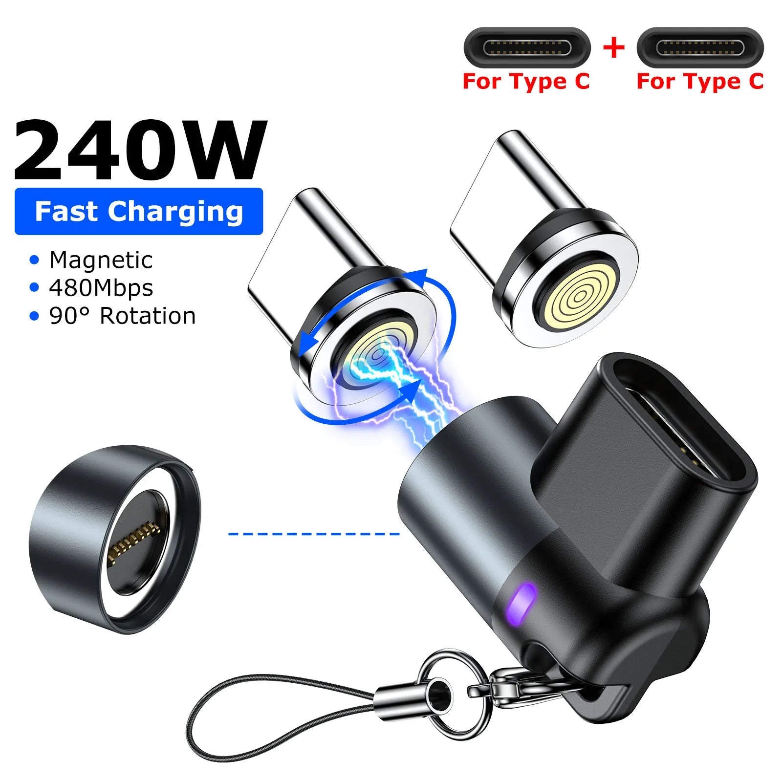 240W Mini Magnetic USB C Adapter Type C to Type C Fast Charging Data Converter Connector