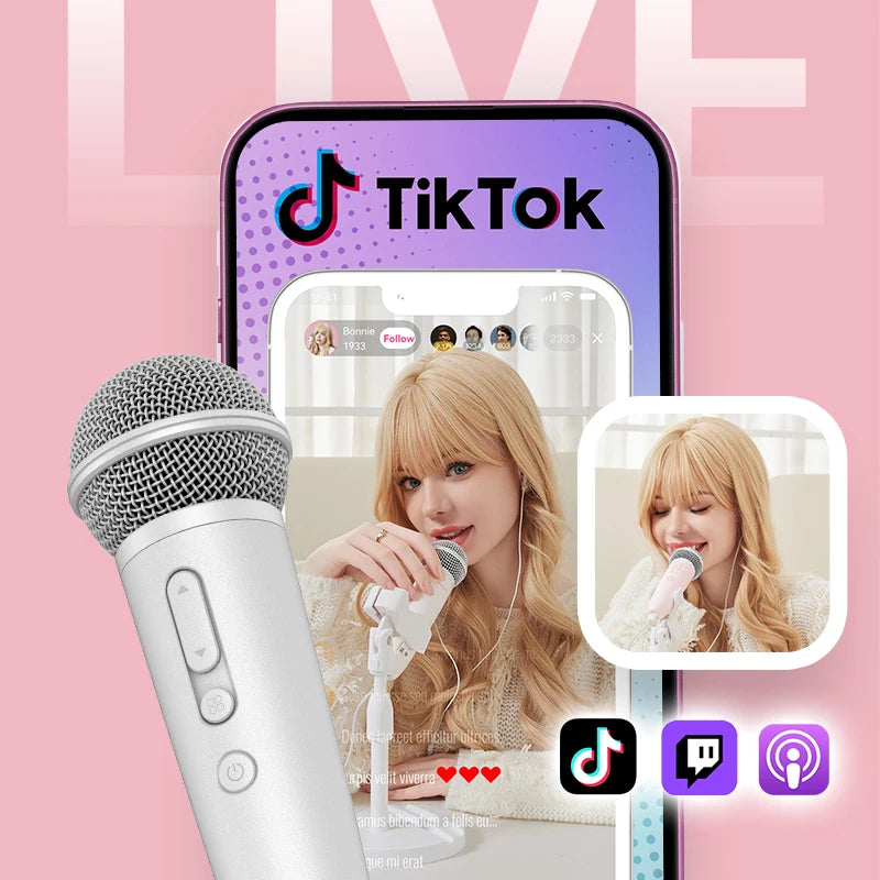 Wireless Karaoke Microphone with Earphone Feedback for Singing Recording Compatible with Music Apps