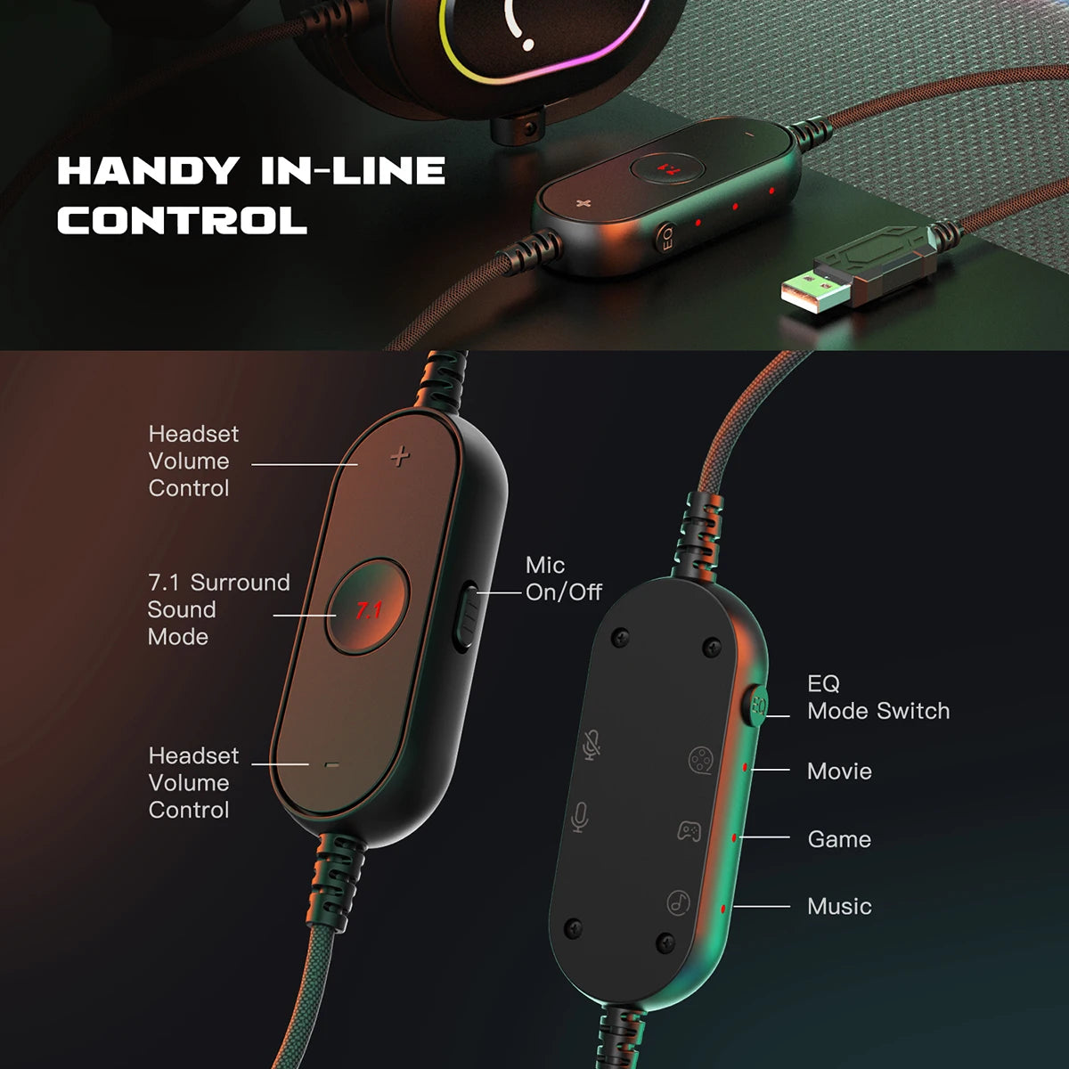 7.1 Surround Sound RGB Gaming Headset with Mic USB Over-Ear Headphones and 3 EQ Modes