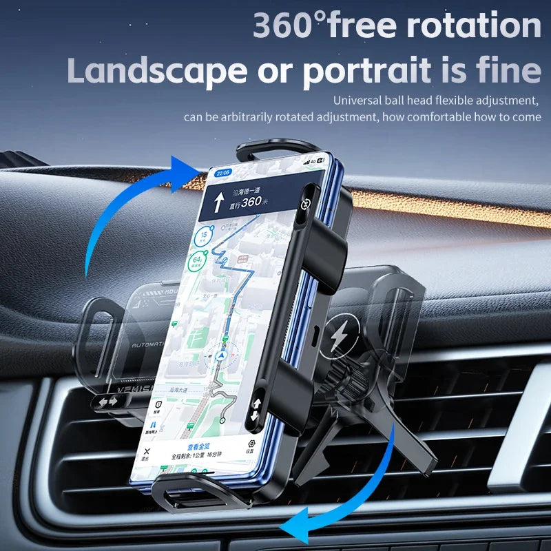 Dual Coil Fast Wireless Car Charger Stand with Foldable Design for Smartphones