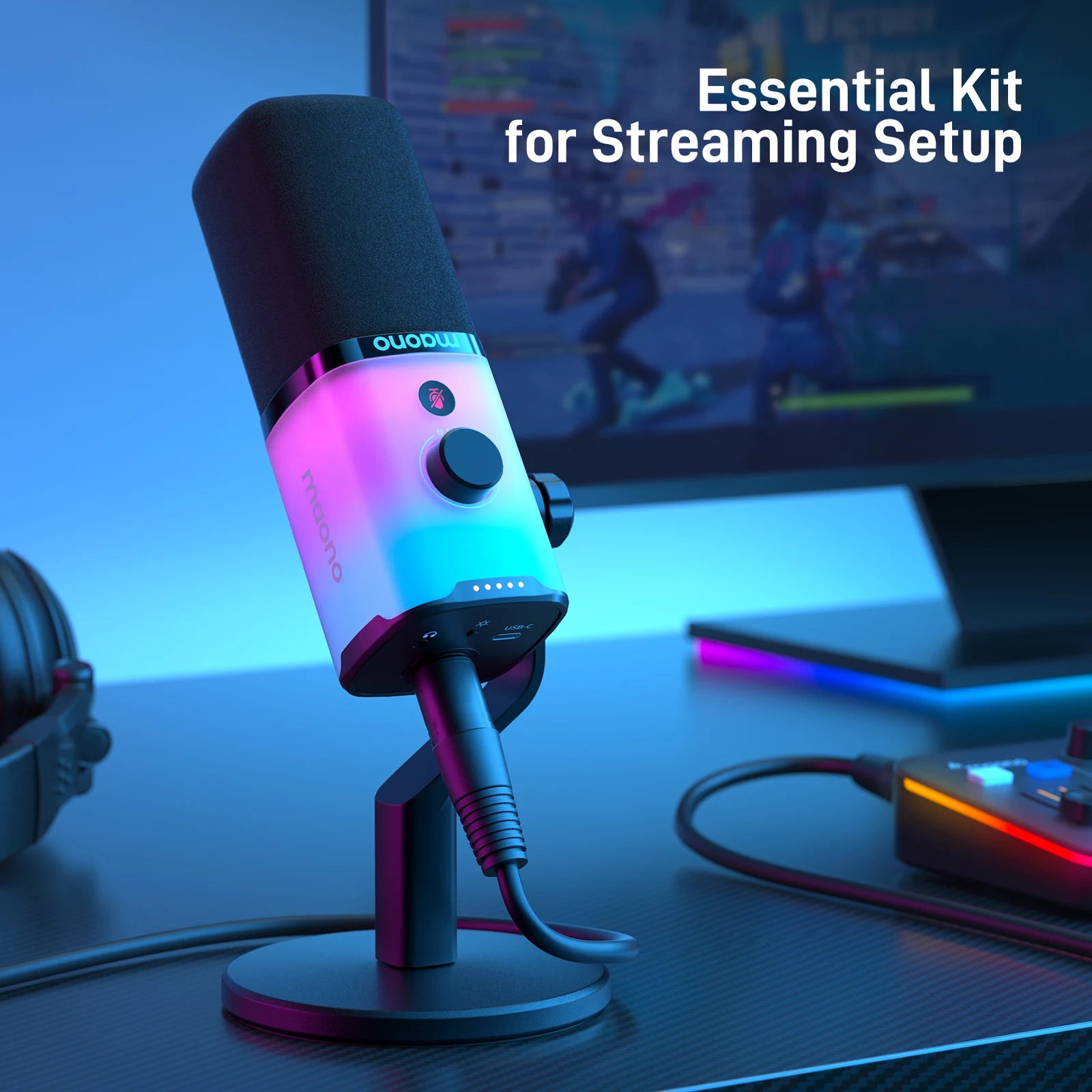 MAONO PD100X USB/XLR Dynamic Microphone with RGB, Noise Reduction & Headphone Jack for Gaming